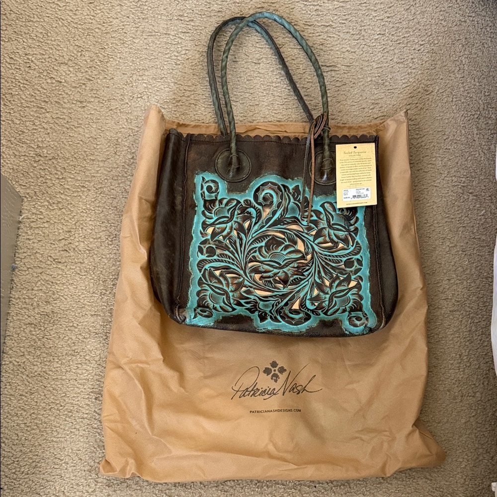 Patricia Nash Turquoise and Brown Floral Tote